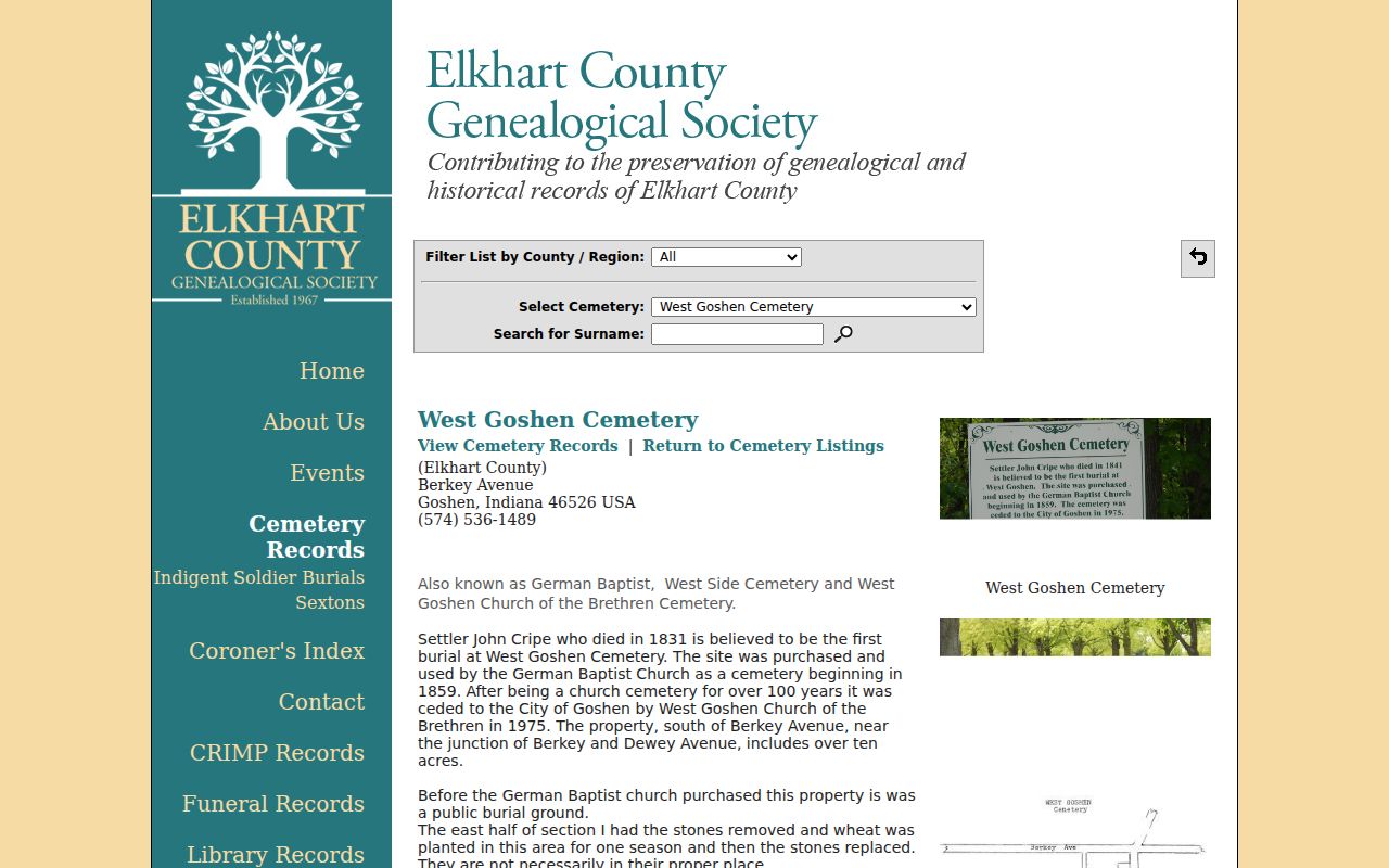 West Goshen Cemetery history and index notes for historic Goshen neighbors