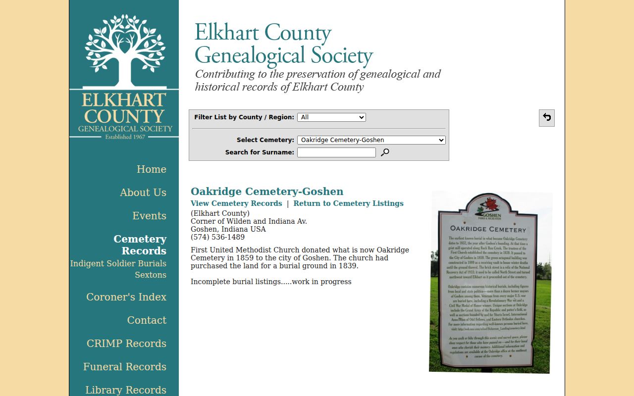 Oakridge Cemetery history and index notes used in Goshen house research
