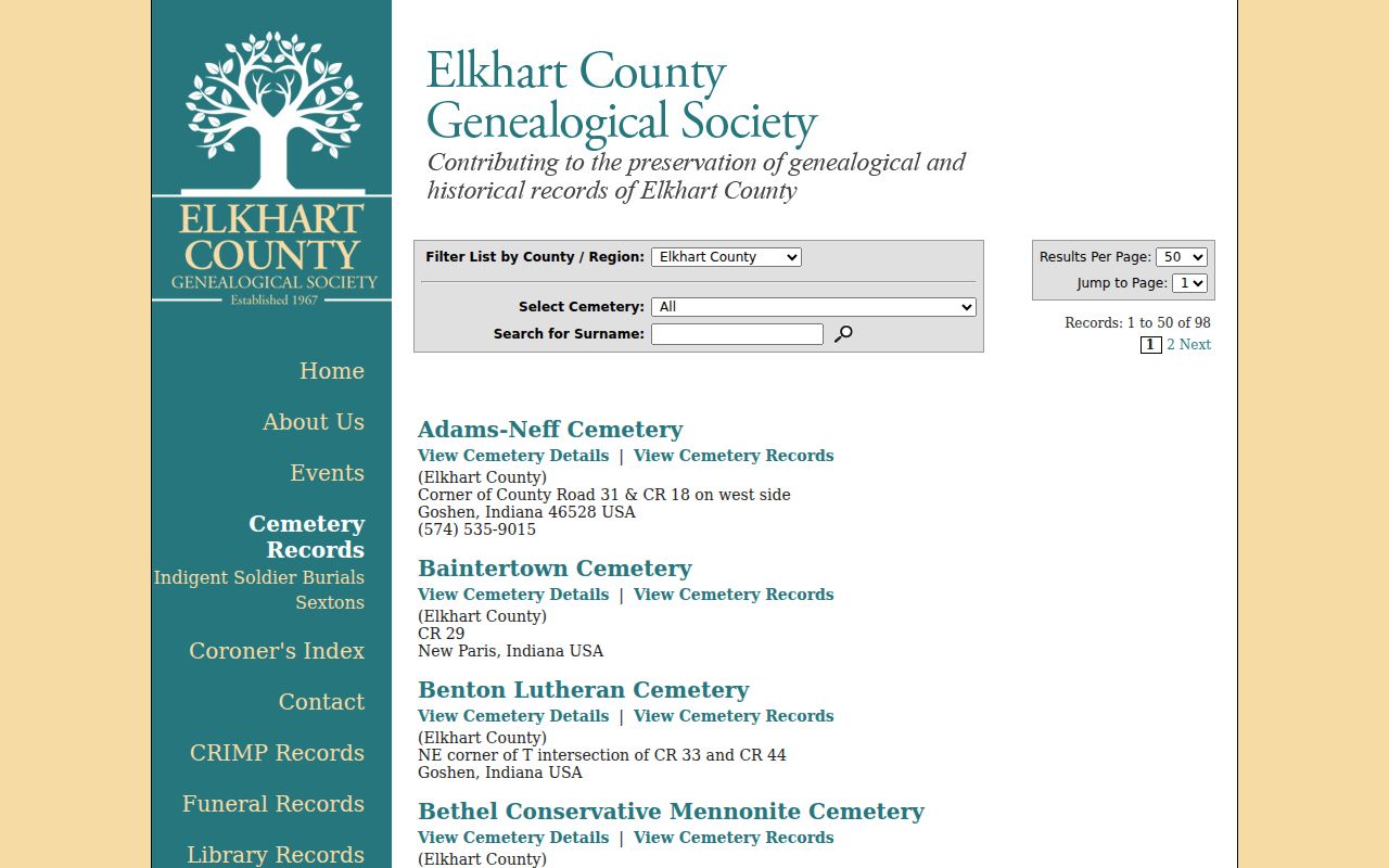 Elkhart County cemetery surname results for Goshen family research