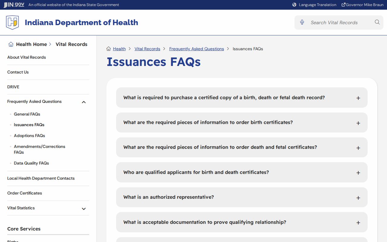 Indiana vital record eligibility rules relevant to a Goshen resident lookup