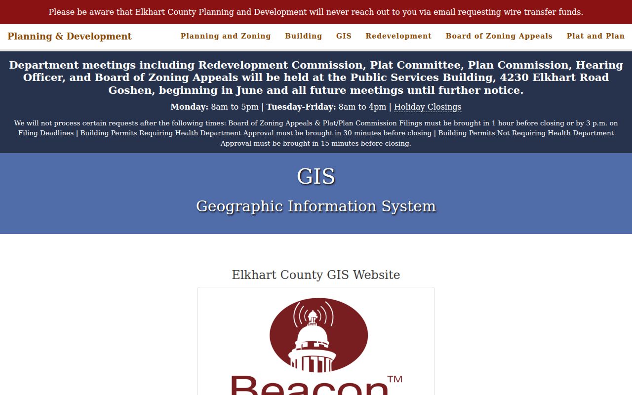 Elkhart County planning GIS route for Goshen parcel and street records