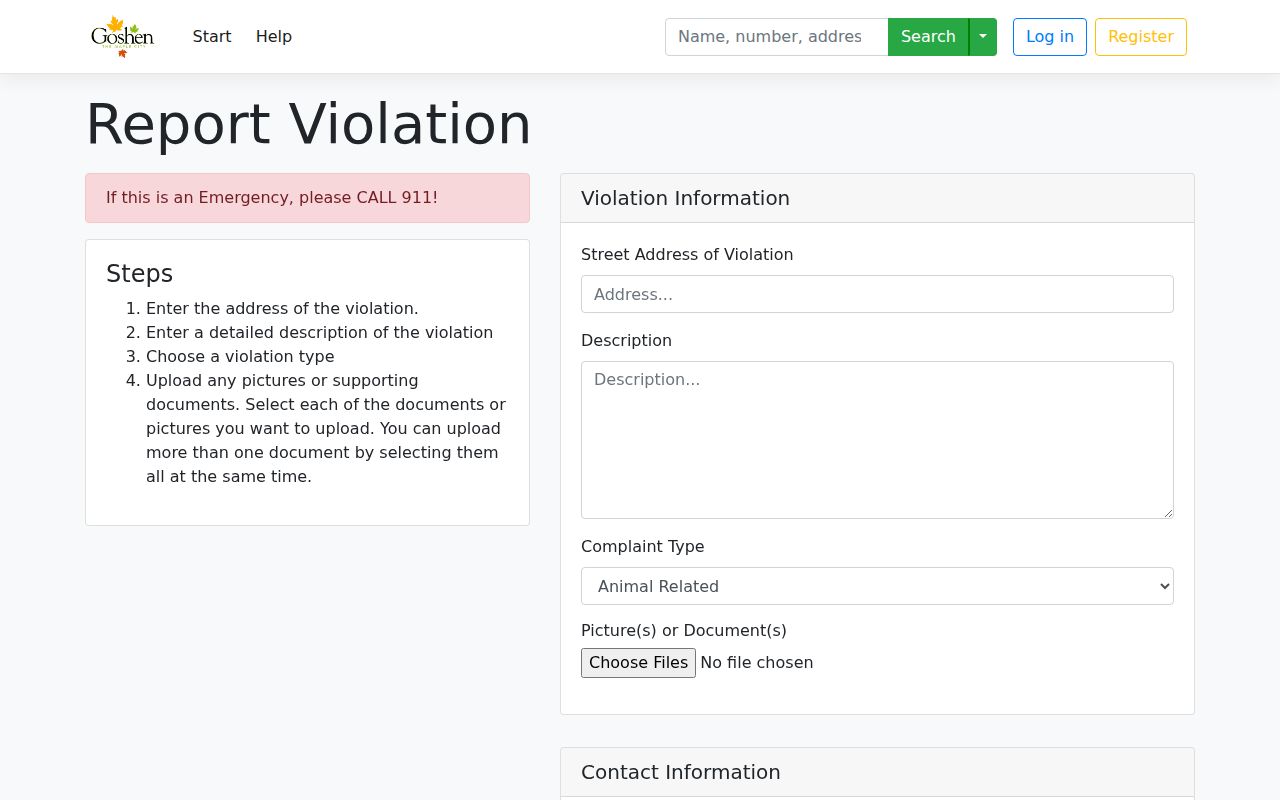 Goshen code complaint form with street address and complaint fields